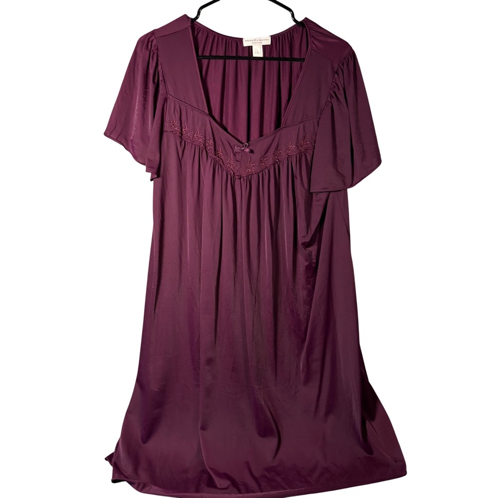 Miss Elaine Nightgown Womens Large Purple Short Sleeve Embroidered V-Neck Tricot